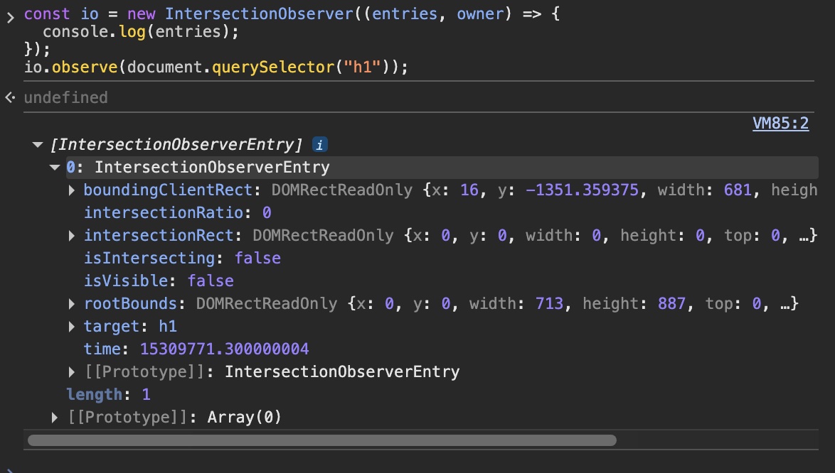 console 印出 entries 陣列,裡面是 IntersectionObserverEntry 物件